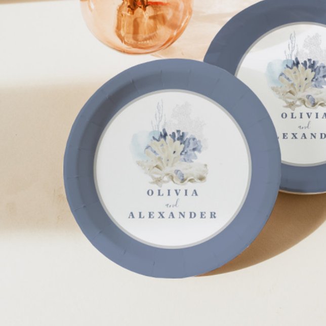 Coastal Beach blue seashell wedding Paper Plate (Creator Uploaded)