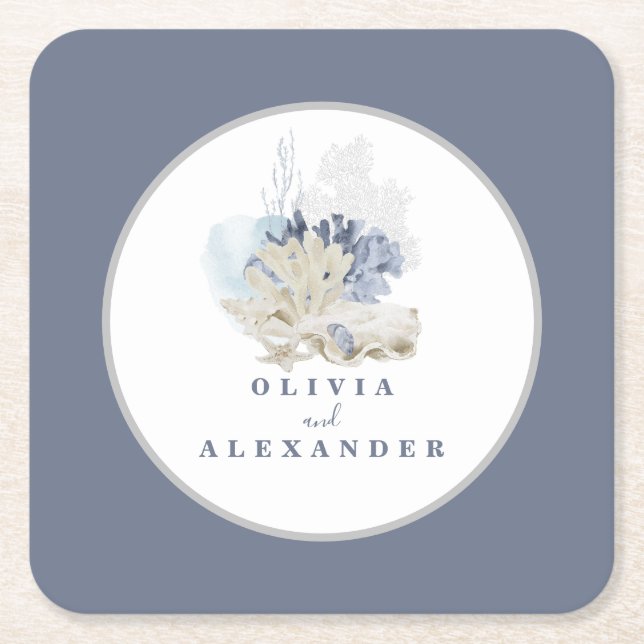 Coastal Beach blue seashell wedding Square Paper Coaster (Front)