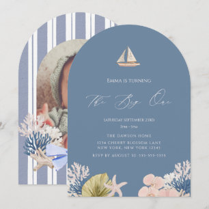 Coastal Beach Boat Big One First Birthday Photo Invitation
