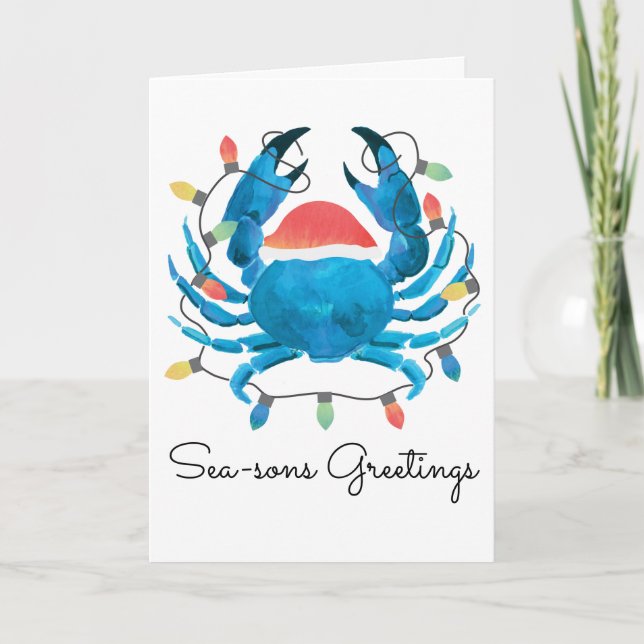 Coastal Beach Christmas Blue Crab Holiday Santa Card (Front)