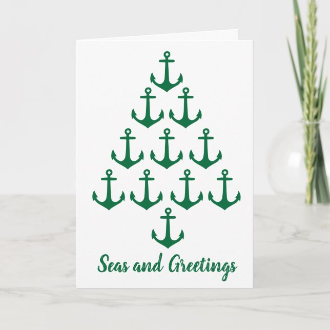Coastal Beach Christmas Nautical Anchor Tree Holiday Card (Front)