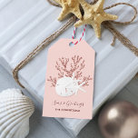 Coastal Beach Christmas Rose Gold Pink Gift Tags<br><div class="desc">These personalised gift tags feature a white sand dollar and 2 white starfish on rose gold glitter coral,  with a pink background,  and beachy holiday message “seas & greetings.” *If you would like this design on more products or need design help,  please contact me through Zazzle Chat.</div>
