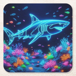 Coastal/Beach colourful neon shark Square Paper Coaster