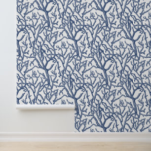 Coastal Beach Coral Branches Navy Blue Wallpaper