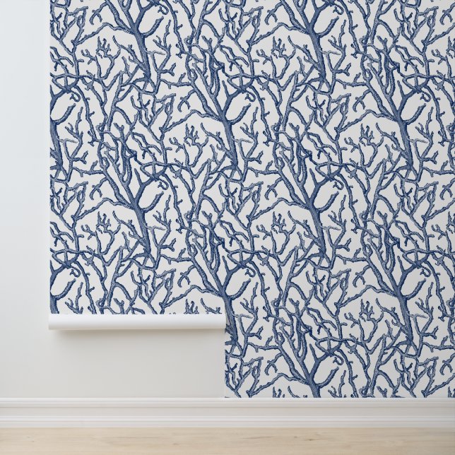Coastal Beach Coral Branches Navy Blue Wallpaper (Application)