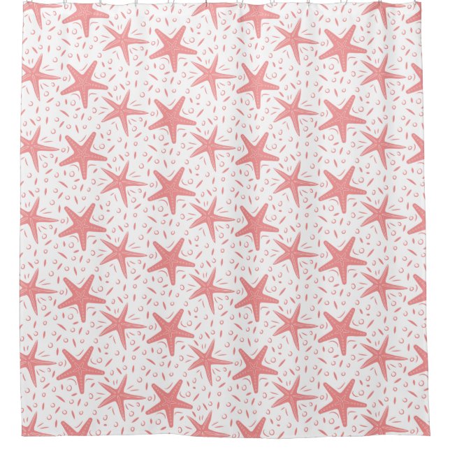 Coastal Beach Coral Starfish Pattern Shower Curtain (Front)