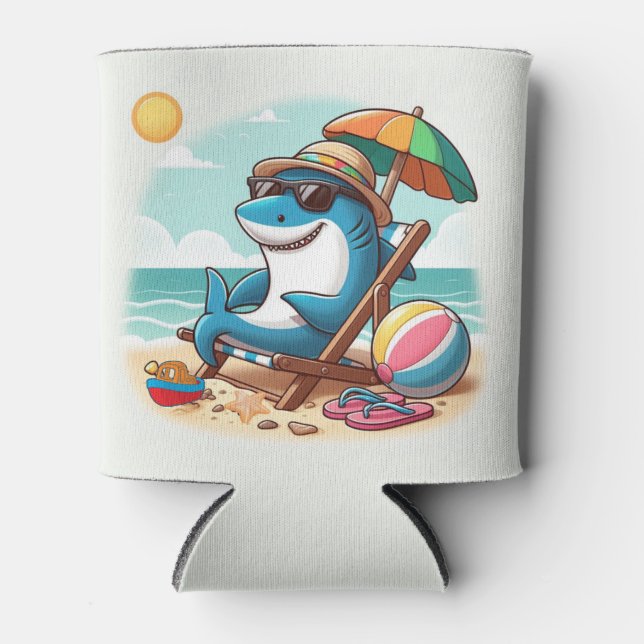 Coastal/Beach cute cartoon shark Can Cooler (Front)