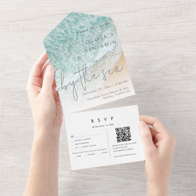 Coastal Beach Destination QR Code RSVP Wedding  All In One Invitation (Tearaway)