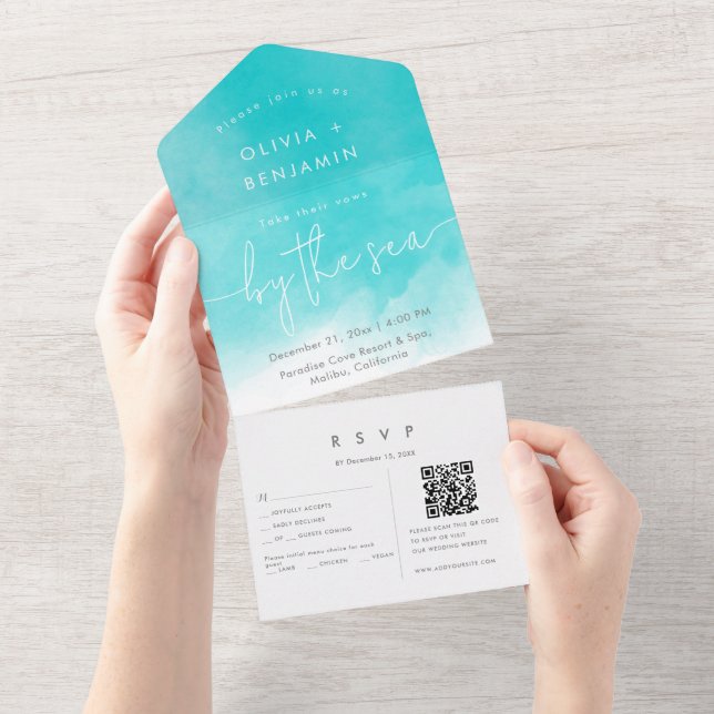 Coastal Beach Destination QR Code RSVP Wedding  All In One Invitation (Tearaway)