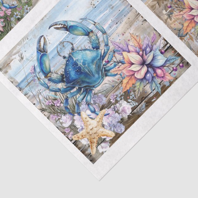 Coastal Beach Floral Blue Crab & Shells Decoupage  Tissue Paper (Detail)