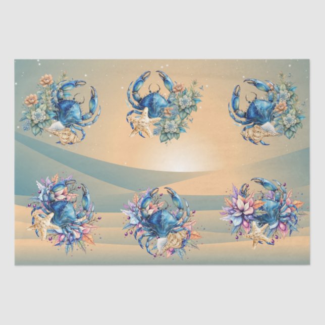 Coastal Beach Floral Blue Crab & Shells Decoupage  Tissue Paper (Front)