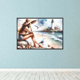 Coastal Beach Girl & Lighthouse Canvas Print