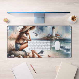 Coastal Beach Girl & Lighthouse  Desk Mat