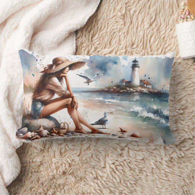 Coastal Beach Girl & Lighthouse  Lumbar Cushion (Blanket)