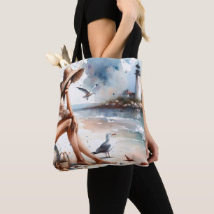 Coastal Beach Girl & Lighthouse  Tote Bag