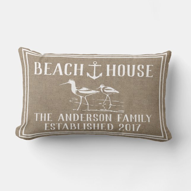 Coastal Beach House Anchor & Sandpiper Faux Burlap Lumbar Cushion (Front)