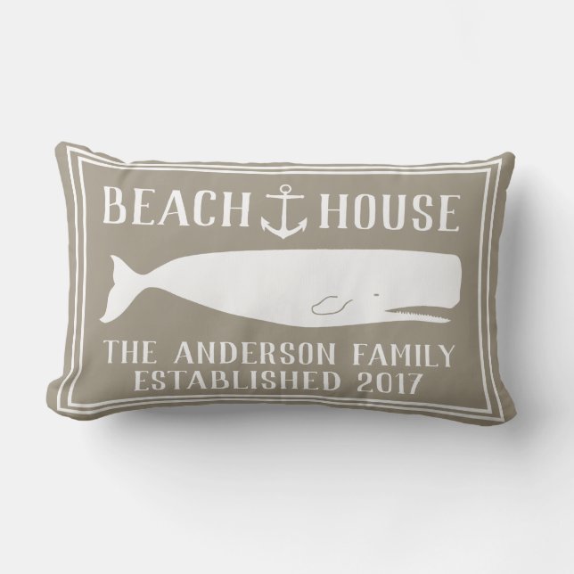 Coastal Beach House Anchor & Whale Family Name Lumbar Cushion (Front)
