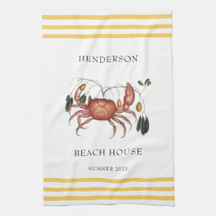 Coastal Beach House Crab Custom Name    Tea Towel