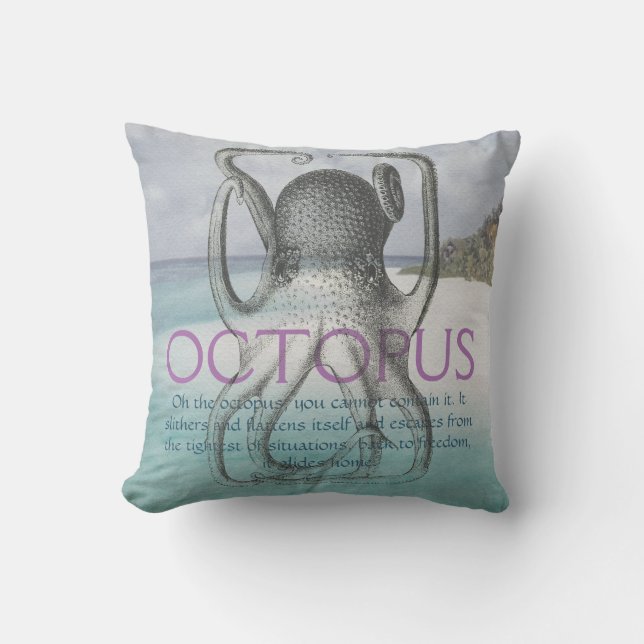 Coastal Beach House Octopus Quote Throw Pillow (Front)