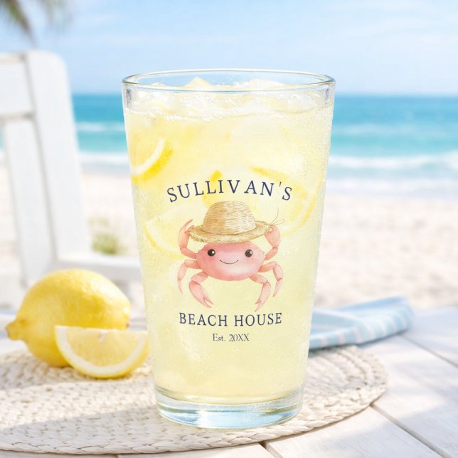 Coastal Beach House Pink Crab Blue Family Name Glass (Creator Uploaded)