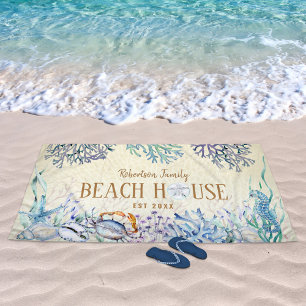 Coastal Beach House Sea Life Family Name Beach Towel