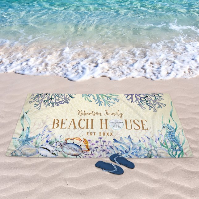 Coastal Beach House Sea Life Family Name Beach Towel (Creator Uploaded)