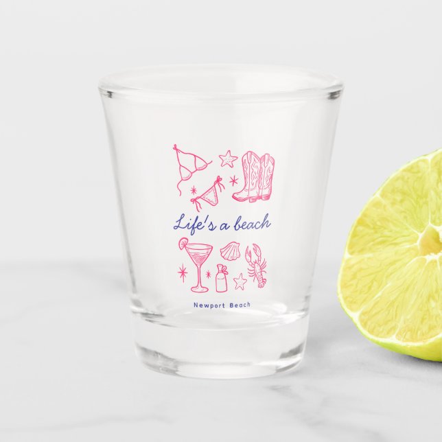 Coastal Beach Life Blue Pink Favourites Birthday Shot Glass (Front)