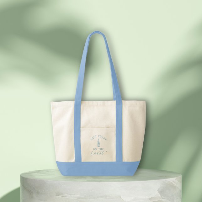Coastal Beach Modern Bridal Party Canvas Bag (Last Toast on the Coast Tote Bag | Custom Beach Bachelorette gift with coastal vibes & blue trim)