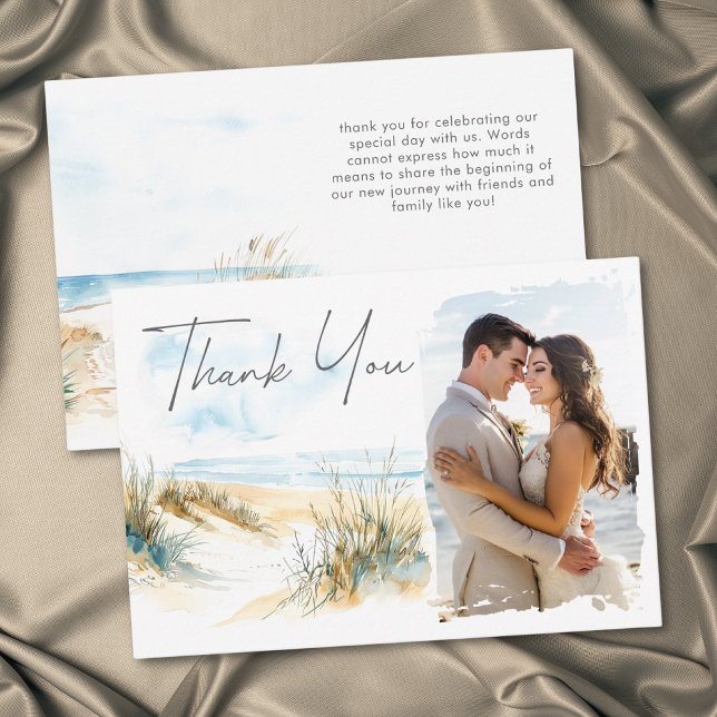 Coastal Beach Modern Watercolor Photo Wedding Thank You Card (Coastal Beach Modern Watercolor Photo Wedding Thank You Card)