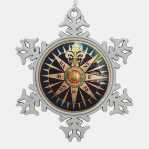 coastal beach nautical antique compass snowflake pewter christmas ornament