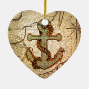 Coastal Beach Nautical Map vintage Anchor Ceramic Tree Decoration