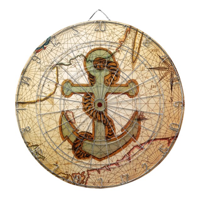 Coastal Beach Nautical Map vintage Anchor Dartboard (Front)