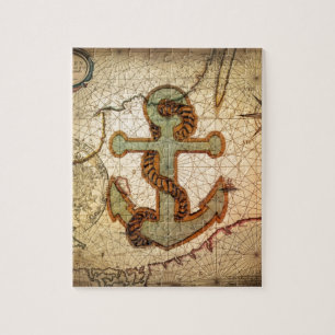 Coastal Beach Nautical Map vintage Anchor Jigsaw Puzzle