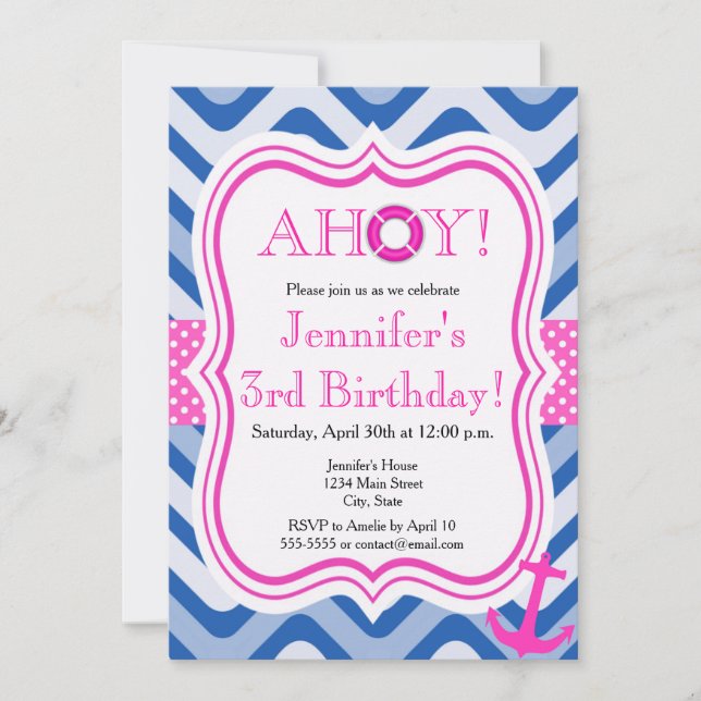 Coastal beach nautical pink girl happy birthday invitation (Front)