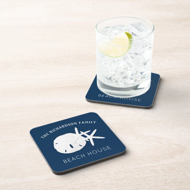 Coastal Beach Navy Blue Starfish Sand Dollar Coaster (Right Side)