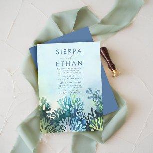 Coastal Beach Ocean Blue Corals Modern Wedding Invitation