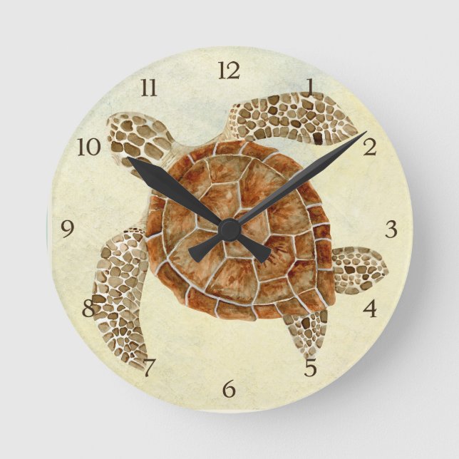 Coastal Beach Ocean Seashore Collage Sea Turtle Round Clock (Front)