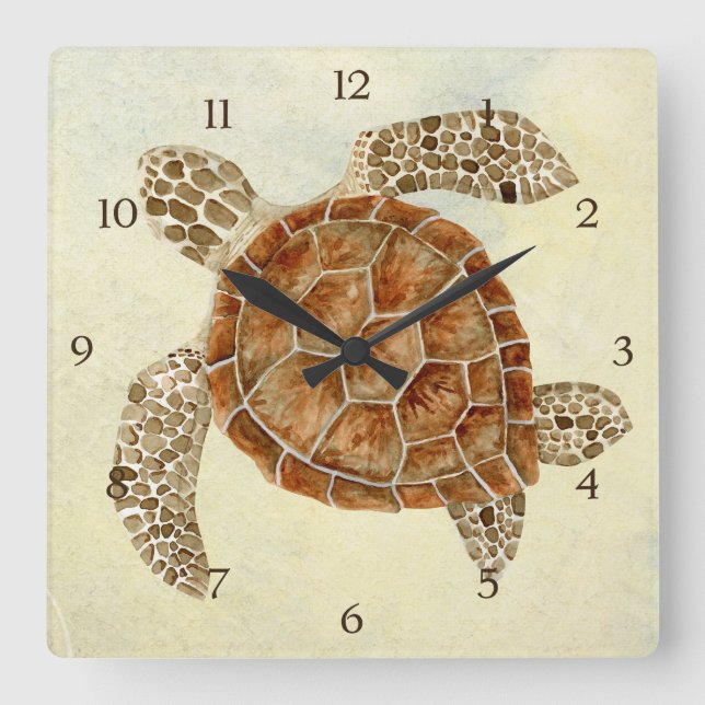 Coastal Beach Ocean Seashore Collage Sea Turtle Square Wall Clock (Front)