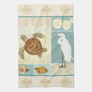 Coastal Beach Ocean Seashore Collage Sea Turtle Tea Towel