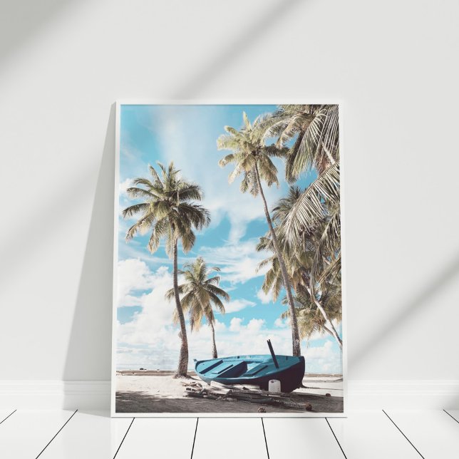 Coastal Beach Palm Trees Boat Poster (Coastal Beach Palm Trees Boat Poster in white frame standing on white wooden floor.)