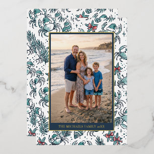 Coastal Beach Pattern Family Photo Christmas Foil Holiday Card