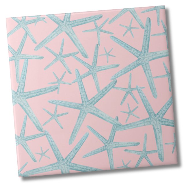 Coastal Beach Pattern Tile (Blush Pink Teal Nautical Starfish Beach Pattern Ceramic Tile)