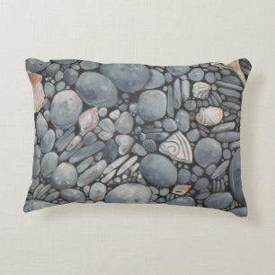 Coastal Beach Pebbles and Shells Painting Print Decorative Cushion