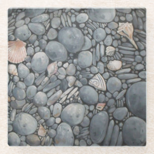 Coastal Beach Pebbles and Shells Painting Print Glass Coaster