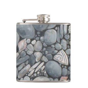 Coastal Beach Pebbles and Shells Painting Print Hip Flask