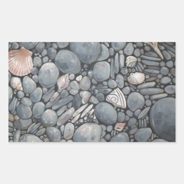 Coastal Beach Pebbles and Shells Painting Print Rectangular Sticker (Front)