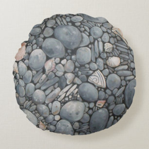 Coastal Beach Pebbles and Shells Painting Print Round Cushion