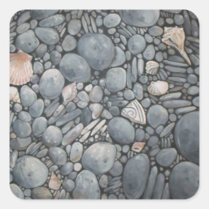 Coastal Beach Pebbles and Shells Painting Print Square Sticker