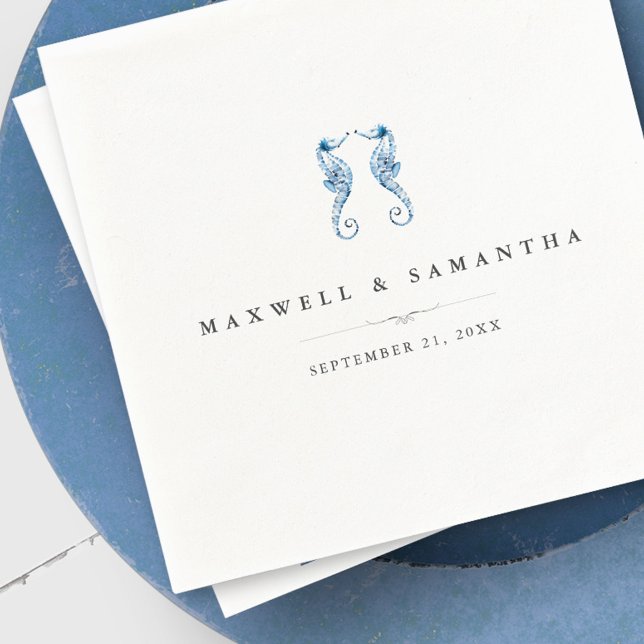 Coastal Beach Personalised Seahorses Napkin (personalized napkins blue seahorses beach wedding unique art by Victoria Grigaliunas )