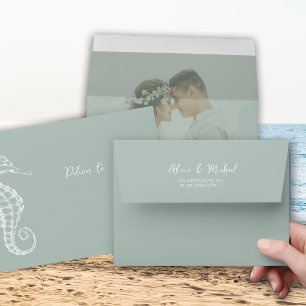 Coastal beach photo liner sage green wedding  envelope
